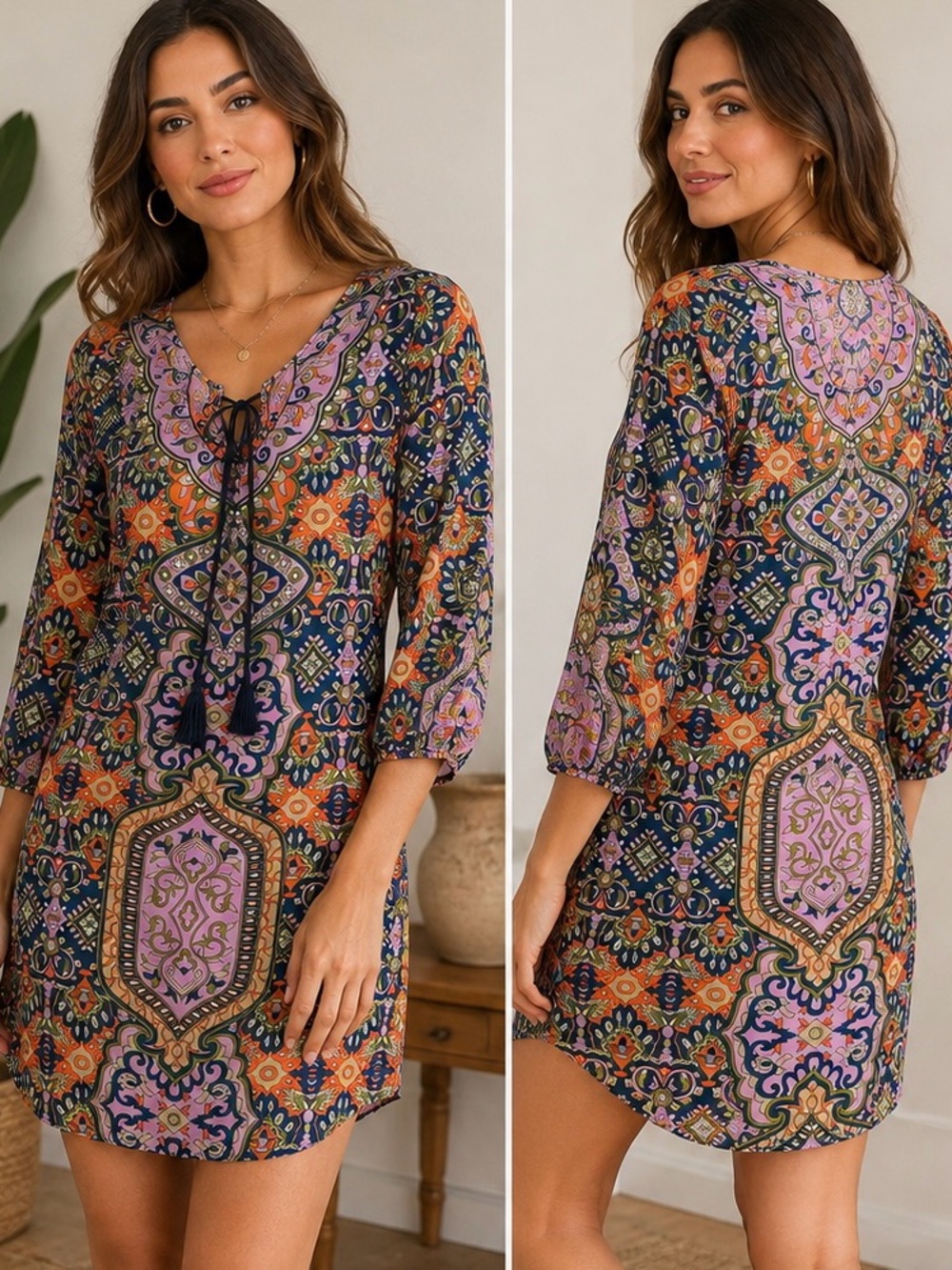 Tolani M 100% Silk Boho Paisley Medallion Tunic Dress Tassel Tie EUC